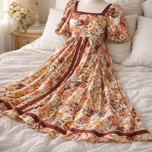 IN LOOM Floral Puff Sleeve Midi Dress | NWT | Cottagecore |Square Neck | S - L - Picture 3 of 16